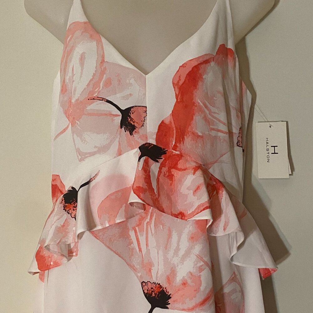 Floral ruffle peplum Halston long dress